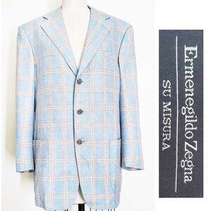 Ermenegildo Zegna Su Misura Mens Sport Coat Blazer Blue Plaid Silk Cotton Linen